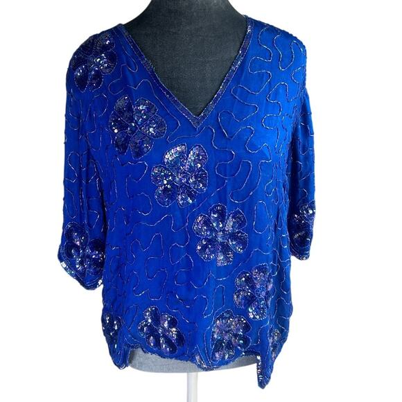 Vtg Blouse Royal Blue- Beads- Flower Accent- Size Medium- Silk Baanis- some wear - Picture 1 of 6